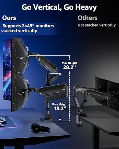 MOUNTUP Dual Monitor Stand Fits 49 45 42 40 39 34 32 Inch Screens, Heavy Duty Dual Monitor Arm Holds 7.7-44 lbs, Vertical Stacked Monitors Mount, Full Motion, Height Adjustable, VESA Mount