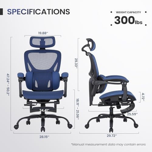 MALOL Ergonomic Mesh Office Chair with Footrest, Executive High Back Computer Desk Chair with 3D Adjustable Headrest & 5-Level Lumbar Support, Reclining Tilt Lock, 3D Arms, 300LBS Capacity, Blue