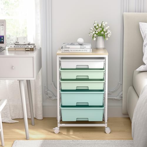 SYKIARIOL Rolling Cart with Drawers,5 Drawers Storage Cart,Light Green