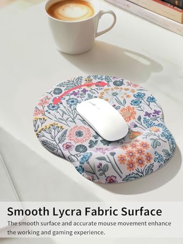 Seorsok Cute Colorful Floral Mouse Pad with Gel Wrist Support Mouse Pad,Ergonomic Aesthetic,Comfortable Mousepad for Office Game Work Computer,Pain Relief Mousepad with Non-Slip Silicone Base,Beige