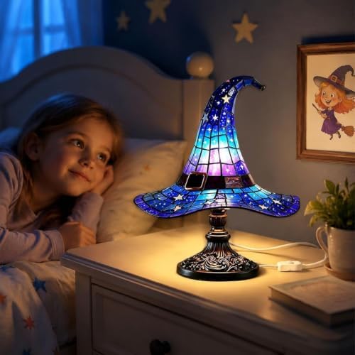 Stained Glass Witch Hat Lamp, Handcrafted Resin Halloween Witch Lamp (Blue)