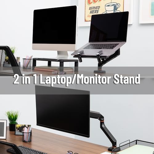 Mind Reader Gas Spring Laptop Desk Mount, Fits 11.6–17.3" Laptops or Monitors, 180° Rotate, 13.2 lb Capacity, Single Arm with Integrated Cable Management, Adjustable Tilt/Swivel, Black