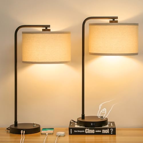 Tall Table Lamps Set of 2, Fully Dimmable Bedside Lamp with USB C+A Ports