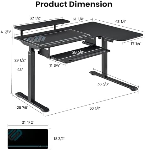 EUREKA ERGONOMIC 55 Inch L Shaped Electric Standing Desk, Height Adjustable Computer Gaming Desk with Keyboard Tray, Mouse Pad, Home Office Work,Carbon Fiber Black, Right Side