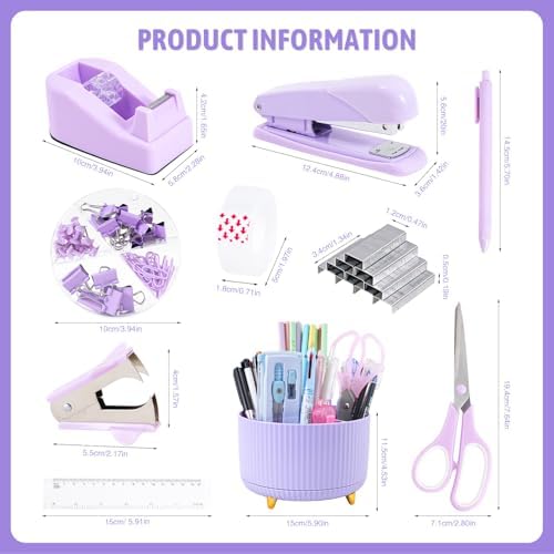 Gawsey Purple Desk Organizers and Accessories with Desk Organizer 360° Rotating Pen Holder and Office Supplies, Cute Stationery Supplies Set