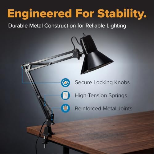 Bostitch Office VLF100 LED Swing Arm Desk Lamp with Clamp Mount, 36" Reach, Includes LED Bulb,Black