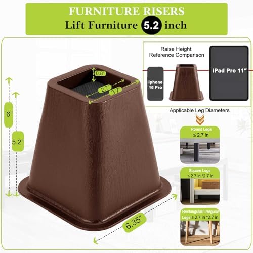 4 Pack Furniture Risers 6 Inch, Bed Risers Heavy Duty for Table Desk Couch Chair Sofa Cabinet Bed Frame Dorm, Square Table Leg Risers Lift Height 6", Chocolat Brown