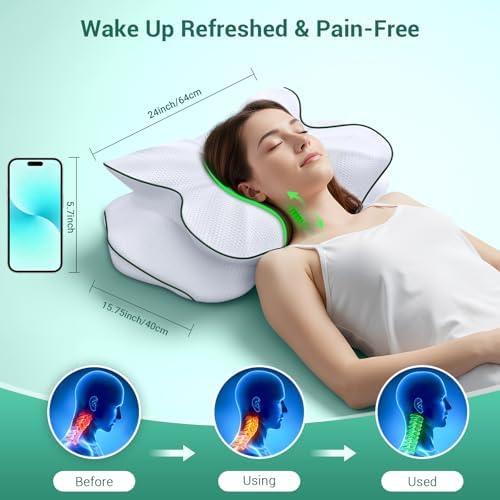 AZBESTPRO Memory Foam Cervical Pillow for Neck Support & Pain Relief, Butterfly Ergonomic Design – 24×15.75×5.7 Inches, Removable 100% Polyester Pillowcase, Suitable for Side & Back Sleepers (Green)