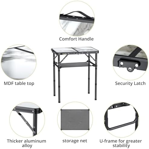 Anbte Folding Camping Table with Storage Net, 3 Adjustable Height Max 28"
