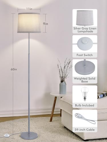 60" Modern Floor Lamp with Linen Shade, 3 Color LED Bulb & Foot Switch