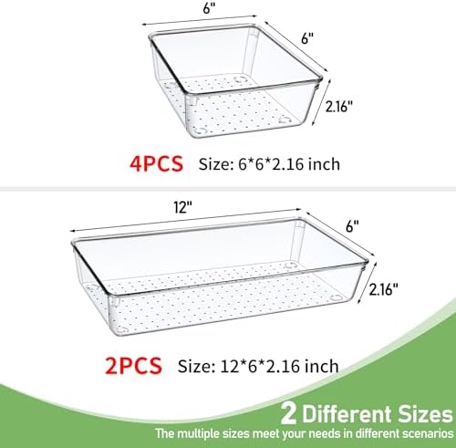 6 PCS Large Size Clear Plastic Drawer Organizer Tray, 12'' Acrylic Vanity Bathroom Drawer Organizers Trays, Desk Drawer Organizer Bins for Cosmetic, Makeup, Kitchen, Office Drawer Divider Organization