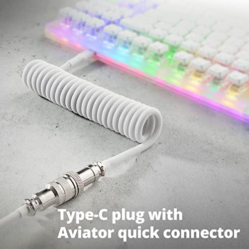 GUNMJO Pro Custom Coiled USB C Cable for Gaming Keyboard, Double-Sleeved Mechanical Keyboard Cable with Detachable Metal Aviator, 1.5M USB-C to USB-A, White