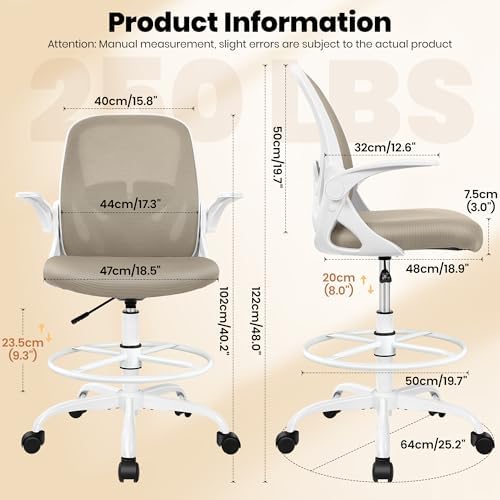 Primy Drafting Chair Tall Office Chair with Flip-up Armrests Executive Ergonomic Computer Standing Desk Chair with Lumbar Support and Adjustable Footrest Ring（Khaki）