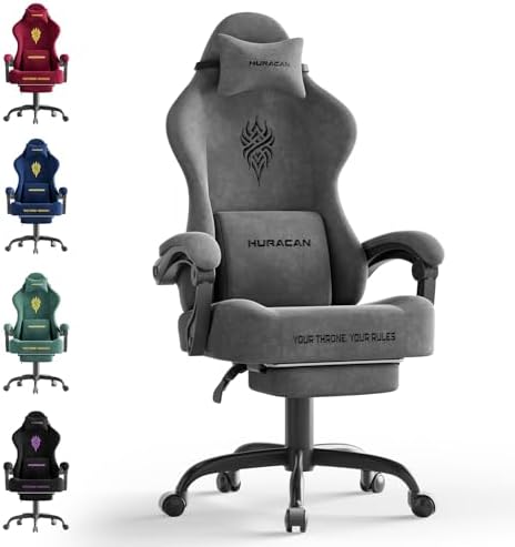 Ferghana Velvet Fabric Gaming Chair - 20.5″ Wider Seat Cushion, Fire Embroidery, Ergonomic High Back Game Chair with Footrest | Computer Chair with Massage Lumbar Support for Adult, Gray