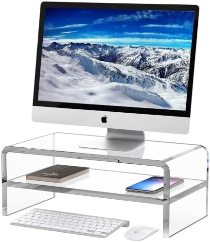 Egchi Acrylic Monitor Stand Riser, 2 Tier Clear Computer Monitor Stand for Home Office Business, PC Desk Stand Monitor Riser for Keyboard Storage, Laptop, Printer and TV Screen -12x7.2x5.12 inches