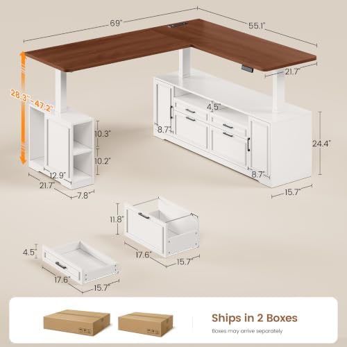 SEDETA Farmhouse L Shaped Executive Electric Standing Desk with 4 Drawers