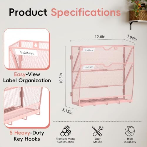 Wall File Holder Hanging Wall File Organizer, Wall Mount Mail Holder and Paper Organizer with Bottom Shelf & 5 Hooks for Office Home School (3-Tier Pink)