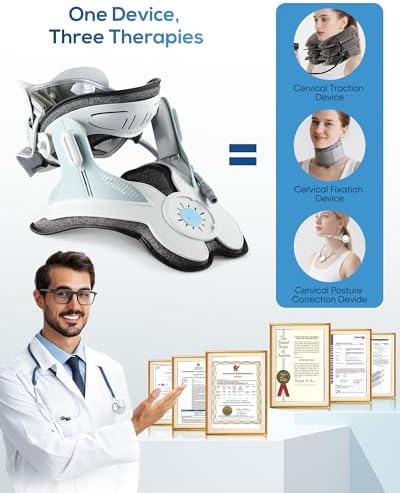 3-in-1 Cervical Traction Device, Neck Stretcher with Air Collar: Neck Pain Relief, Posture Correction & Spine Alignment in Minutes a Day - Portable Neck Brace with Manual Pump