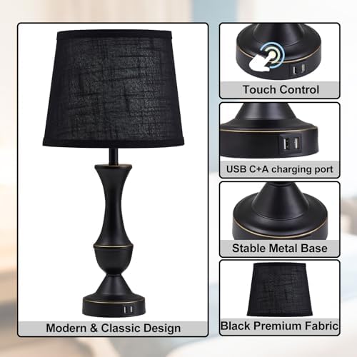 Luvkczc Black Touch Table Lamps Set of 2, 22" Tall Bedside Lamps