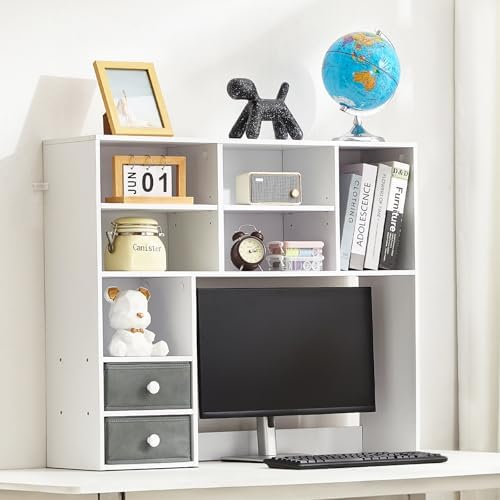 VEVOR Desktop Bookshelf, 3-Tier Desktop Storage Organizer, 37" x 10" x 31.1" Office Storage Rack Wood Display Shelf, Desktop Bookshelf Hutch with 2 Fabric Drawers, for Office, Home & Dorm, White