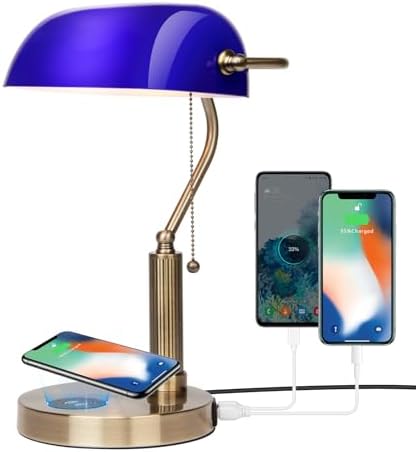 FIRVRE Bankers Lamp with2 USB and Wireless Charging Port，Pull Chain Switch Blue Glass Desk Lamp， E26 Base,Traditional Library Desk Lamps for Home Office,Bedroom,Piano