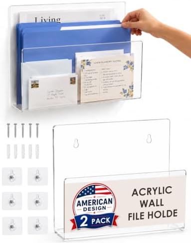 HAYVAN Acrylic Wall File Holder, No Drill Mount 2 Pack Clear