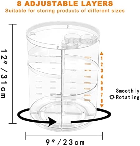 Rotating Makeup Organizer, DIY 8 Adjustable Layers Spinning Skincare Storage, Cosmetic Display Case with Brush Holder and Perfume Tray, Multi-Function Vanity Bathroom Countertop Organizer Clear