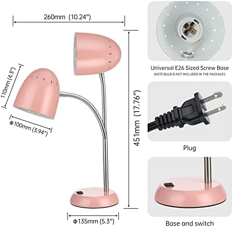 Eye-Caring Table Lamp of Simple Designs Home E26 Led Screw Basic Metal Desk Lamp with Flexible Gooseneck Hose Neck Study Lamp for Bedroom Office Living Room Convenient On/Off Switch(Pink)