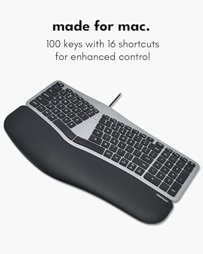 Macally Wired Ergonomic Keyboard for Mac - USB Hub, Backlit Keys, Dual USB C + A Plug, Split Design, Padded Wrist Cushion - Compatible Apple Keyboard for MacBook Pro/Air, iMac, iPad - Space Gray