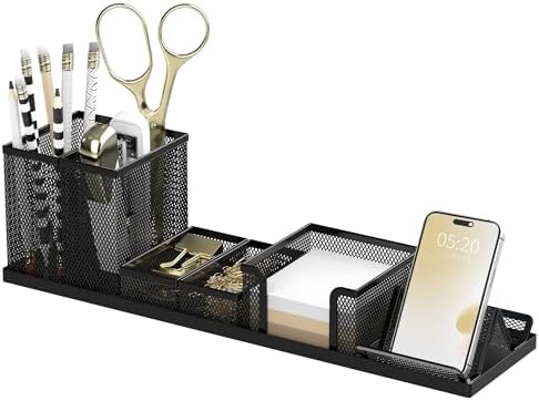 Pen Holder for Desk, 6-Piece Mesh Desk Organizer with Phone Holder, Black