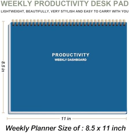 Weekly Productivity Dashboard - 8.5" x 11" Dashboard Desk Notepad Has 6 Focus Areas to List Tasks for Goals, Projects, Clients, Academic or Meal-Organize Your Daily Work Efficiently, 54 Weeks, Blue