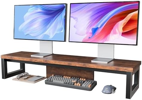 Dual Monitor Stand Riser, Wood and Steel Monitor Riser, Long Computer Monitor Stands for 2 Monitors, Desk Shelf for Computer, Laptop, Printer, TV, Brown