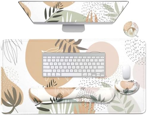 4-in-1 Large Mouse Pad, Keyboard Wrist Rest Pad & Wrist Support Mousepad Set, Extended Desk Pad Waterproof Desk Mat for Home Office Study Game - Leave
