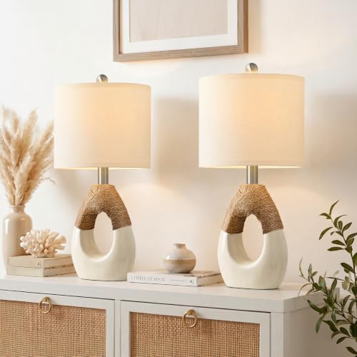 OYEARS 19'' Boho Small Table Lamps Set of 2 for Bedroom, Farmhouse Bedside Lamps with Rattan Rope for Living Room, Nightstand Lamps for Side End Table Sofa Entryway Home Decor, White and Beige