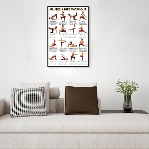 Glutes & Hips Workout Exercise Poster, 16 Illustrated Lower Body Training Moves Chart with Rep Ranges, Bodyweight Butt & Hip Tutor Guide for Home Gym Beginner Fitness Training and Glute Sculpting Reference(12x18inchs，Black Framed)