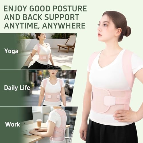 Posture Corrector Back Brace for Men and Women, Adjustable Upper Back and Shoulder Support, Lightweight Breathable Design for Daily Wear, Office Work, Computer Use and Studying Pink, Medium