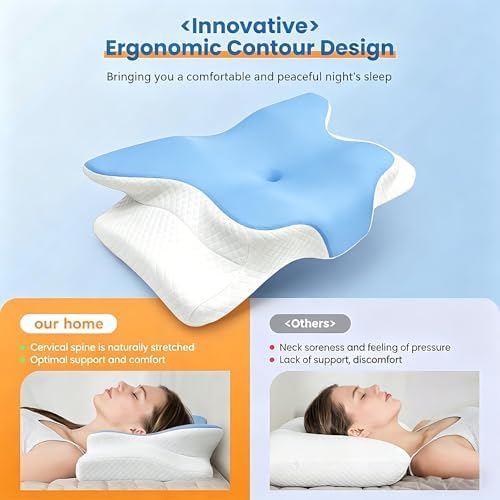 Cooling Neck Support Pillow, Adjustable Cervical Memory Foam for Pain Relief, Odorless Ergonomic Orthopedic Bed Pillows for Side Back Stomach Sleepers, Cozy Sleeping (Blue)
