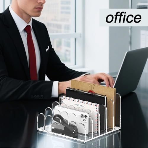 YAGELI 2 Pack 5-Slot Acrylic Mail Organizer for Desktop – Scalloped Clear Document Sorter, Vertical File Holder for Office/Home, Space-Saving Desk Organizer for Letters,Envelope,Bills,Stationery