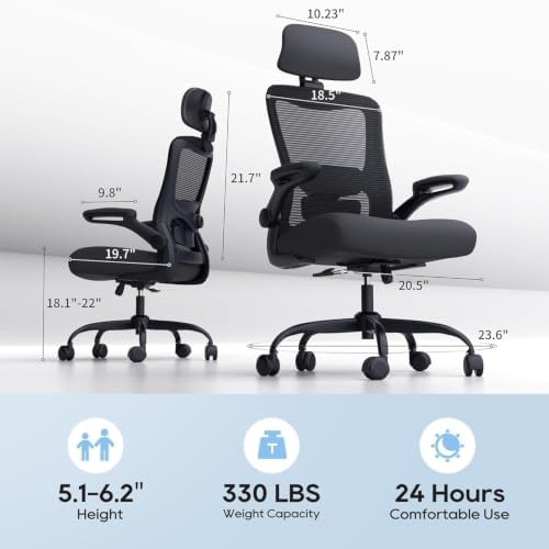 Ergonomic Office Chair for Long Hours, Adjustable Padded Lumbar Support for Lower Back Relief, 330 lb Capacity, Comfortable Computer Desk Chair for Home Office, Work & Study, Black/Black