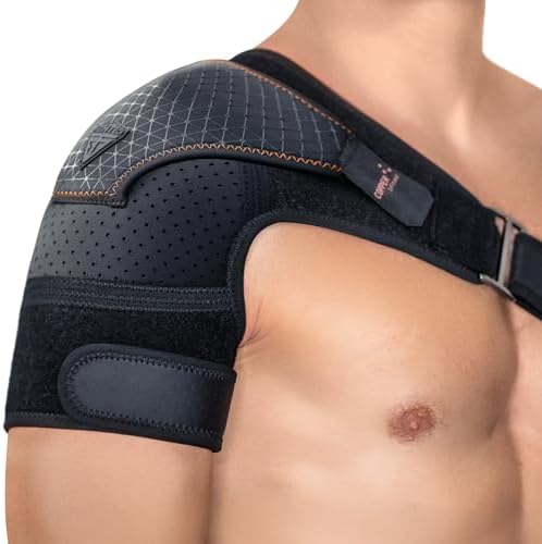 FIGHTECH Rotator Cuff Shoulder Brace for Men and Women - 2 Sizes - Shoulder Support - Pain Relief - Copper Black - Large - Fits Most Men - Bicep 12-17"