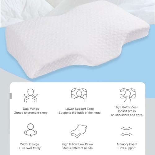Cervical Neck Pillow, Memory Foam Ergonomic Cervical Neck Support Sleeping Pillow Slow Rebound with Washable Cover, Four Zones for Side Back Stomach Sleepers (White 52*30*10) (White 52*30*10)