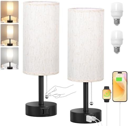 Fenmzee Cream Bedside Table Lamps Set of 2 - Bedroom Lamp for Desk, USB C+A