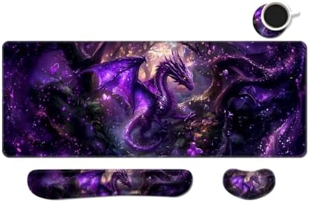 MIBITRI Keyboard Mouse Pad Set, Extended Gaming Mouse Pad+Ergonomics Keyboard Wrist Rest Support, Memory Foam, Easy Typing Pain Relief, 4Pcs XXL Ultra Thick Desk Mat, Dragon