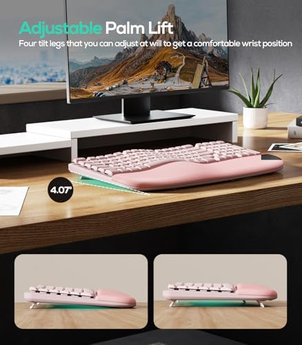 Nulea RT08 Wave Keys Wireless Ergonomic Keyboard with Cushioned Palm Rest, 2.4GHz Ergo Cordless USB Computer Keyboard, Comfortable Natural Typing, for Laptop, Mac, Windows (Pink)