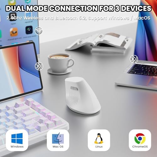 AJAZZ I300 Bluetooth and 2.4G Rechargeable Wireless Mouse,Ergonomic Vertical Design Optical Mouse Computer Mice,800/1200/1600 DPI,Quiet Clicks,84G Lightweight for Laptop, Desktop, PC, MacBook(White)
