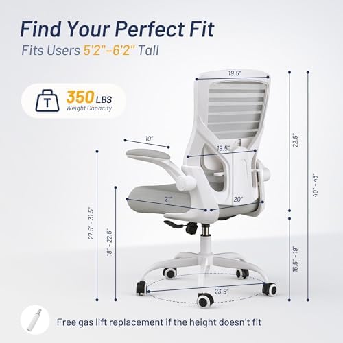 Office Chair for Long Hours & Lower Back Pain Relief 4" Molded Foam Cushion, Padded Lumbar Support, Flip-Up Armrests, Breathable Mesh Backrest, Ergonomic Design, Light Gray