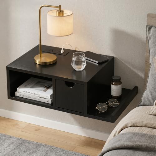 Afuly Black Floating Nightstand, Bedside Table with Charging Station&Drawer
