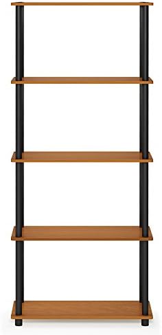 Furinno TURN-N-TUBE Storage Shelves, 5-Tier Book Shelf, Corner Shelf, Toolless Open Shelves, for Organization and Storage, Living Room, Garage, Home Office, Light Cherry