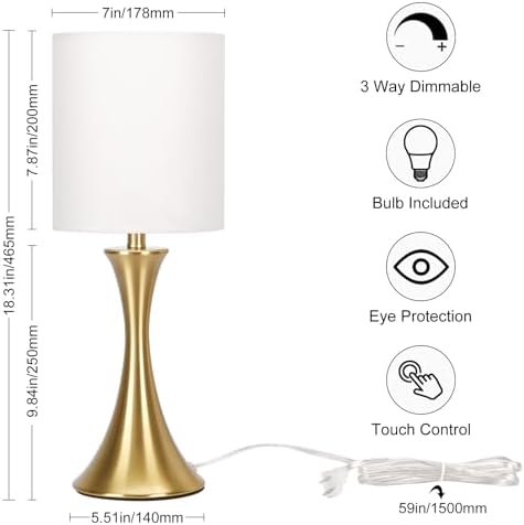 Gold Bedside Lamp Touch Control Table Lamp for Bedroom, 3-Way Dimmable Nightstand Lamp with White Shade, Modern Table Lamp for Living Room, Minimalist Desk Lamp for Dorm, Home, Office, Bulb Included
