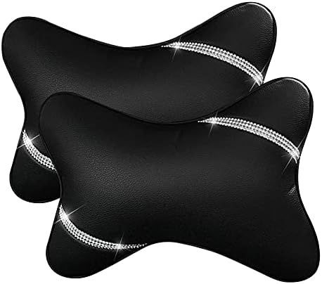 2 Pack Car Headrest Pillow Diamond Dual-Side PU Leather Neck Pillows, Cushion Head Rest Neck for Women fit Most Cars Universal Relax Crystal Rhinestone Neck Support Pillow for Car, Home & Office